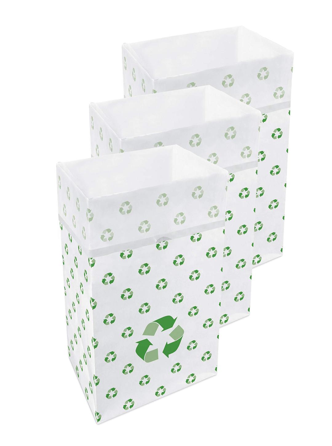 30 Gallon Disposable Trash Cans (3-Pack). Reusable Garbage and Recycling Bins for Parties, Events, and More (Recycle Pattern - 30" Tall x 14" Wide 17" Deep)