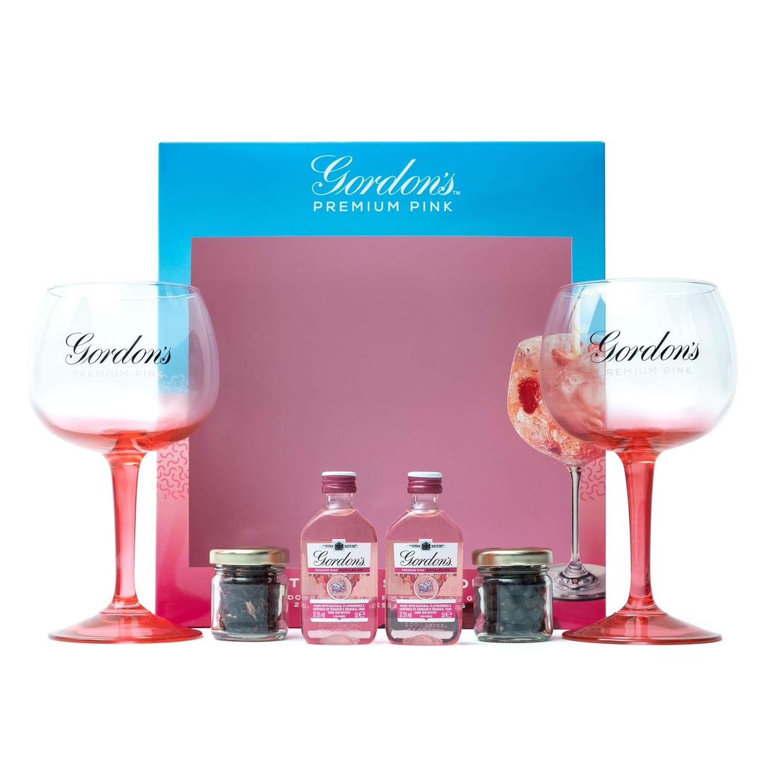 Gordon's Premium Pink Gin and Tonic Gift Set | Gin Set Includes 2 x Official Gordon's Pink Balloon Gin Glasses, 2 x Aromatic Botanicals and 2 x 5cl Gordon's Premium Pink Gin | Flavoured Gin Gifts