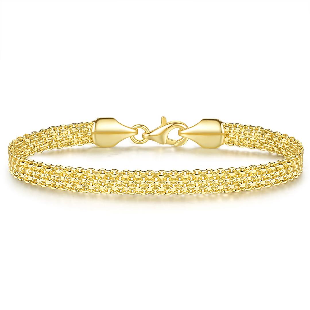 14K Gold Bracelets for Women Mesh Link Chain Bracelet for Women 5.6mm Width Gold Bracelets for Men Gold Jewelry Diamond Cut 5 Sizes (6.5" 7" 7.5" 8" 9")