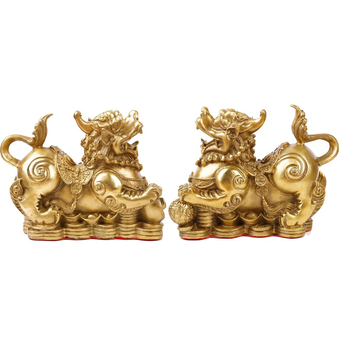 Feng Shui pi yao Statue Brass Home Decor A Pair pixiu Figurine Attract Money and Good Luck Wealth Decoration Sculpture Golden(6" L x 2.4" W x 4.8" H)