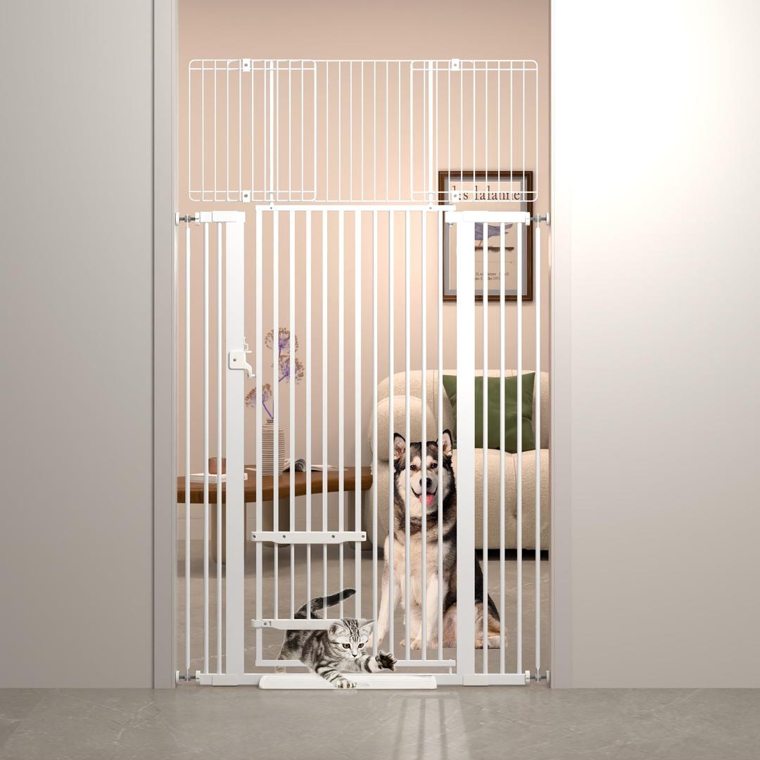 71" Extra Tall Cat Gate 29.5-40.6 Wide Cat gate for Doorway Safety Pet Gate with Cat Doors NO Drilling Pressure Mount Kit for Cats and Dogs Indoor Doorways liveing Room Bedroom-White