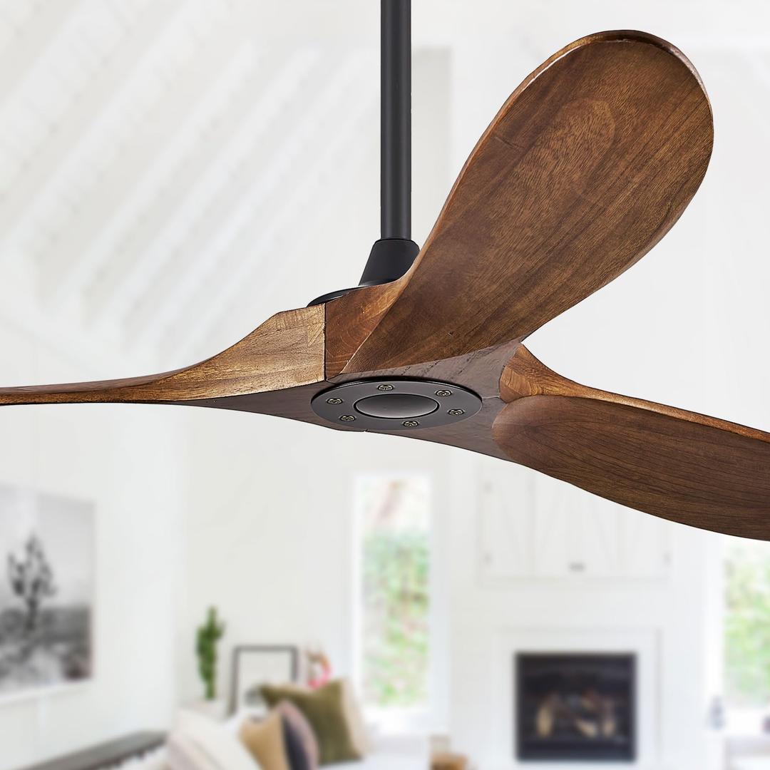 52 Inch Ceiling Fans Without Lights, Wood Ceiling Fan no Light with Remote Control and DC Motor, Indoor Outdoor Ceiling Fan for Patios Bedroom Living Room Propeller Ceiling Fans 3 Blade, Dark Walnut