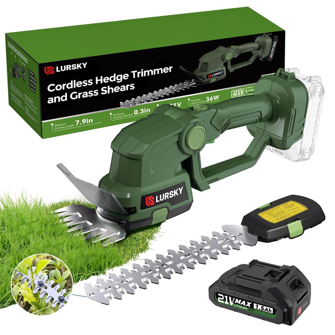 Cordless Hedge Trimmer with Battery - 2-in-1 21V Grass Shears Handheld, Electric Shrub Trimmer Kit for Garden, Yard and Lawn, Charger Included (Forest Green)