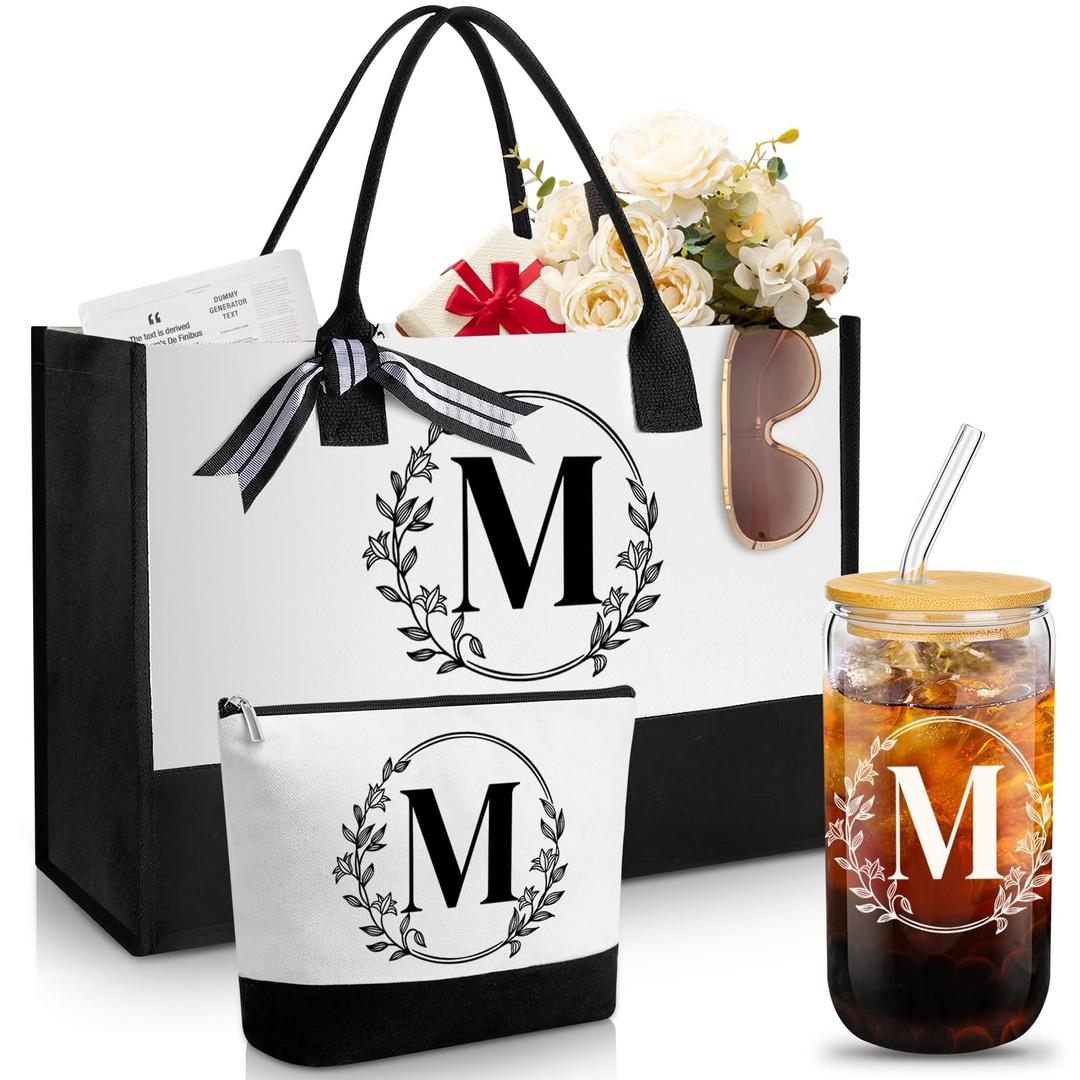 Aliceset Initial Monogram Canvas Tote Bag Personalized Makeup Bag with Zipper 16 oz Glass Cups with Lids Straws Monogrammed(Letter M)