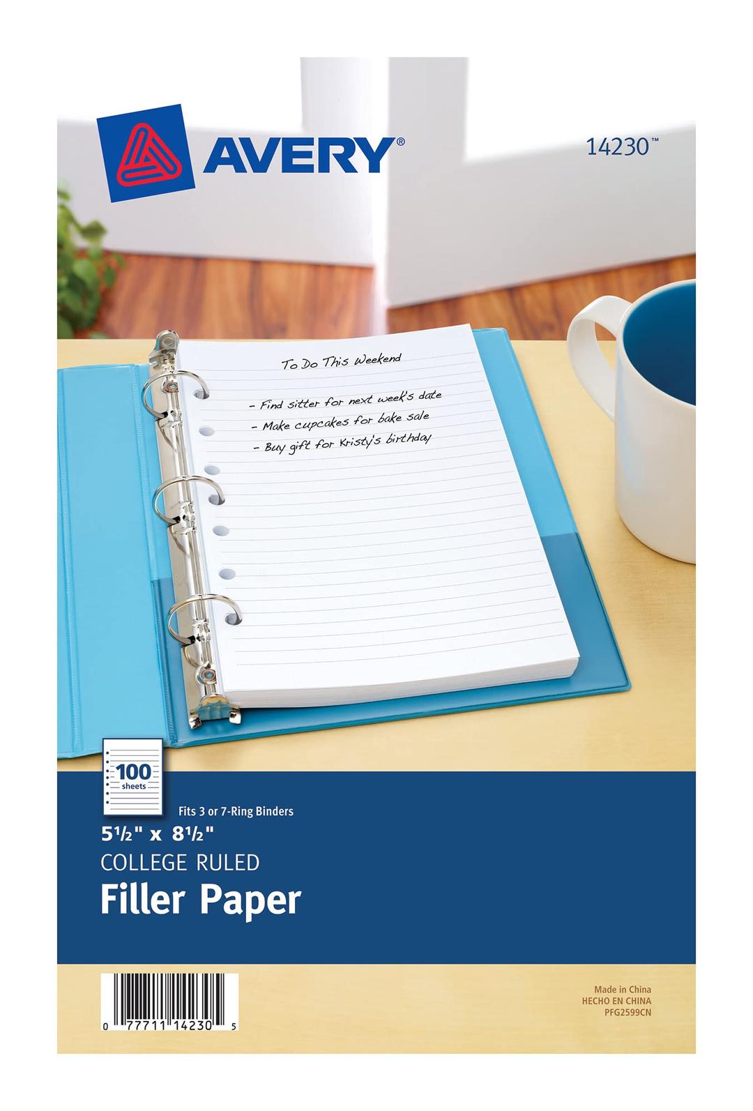 Avery Mini Binder Filler Paper for 3 Ring Binders or 7 Ring Binders, College Ruled, 5.5" x 8.5", 100 Sheets (14230)