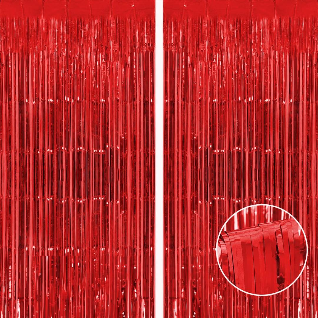 Thicken Red Foil Fringe Curtains Decorations 3.2x8.2ft - 2 Pack, Photo Backdrop for Birthday Bachelorette Bridal Shower Baby Shower Graduation Party, Party Streams Decor