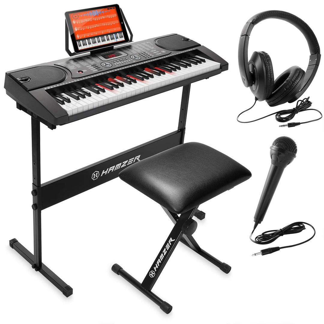 Hamzer 61 Key Keyboard Piano with Lighted Keys, Built-In Speakers, Stand, Bench, & Key Labels - Portable Electronic Musical Keyboard Set for Beginners