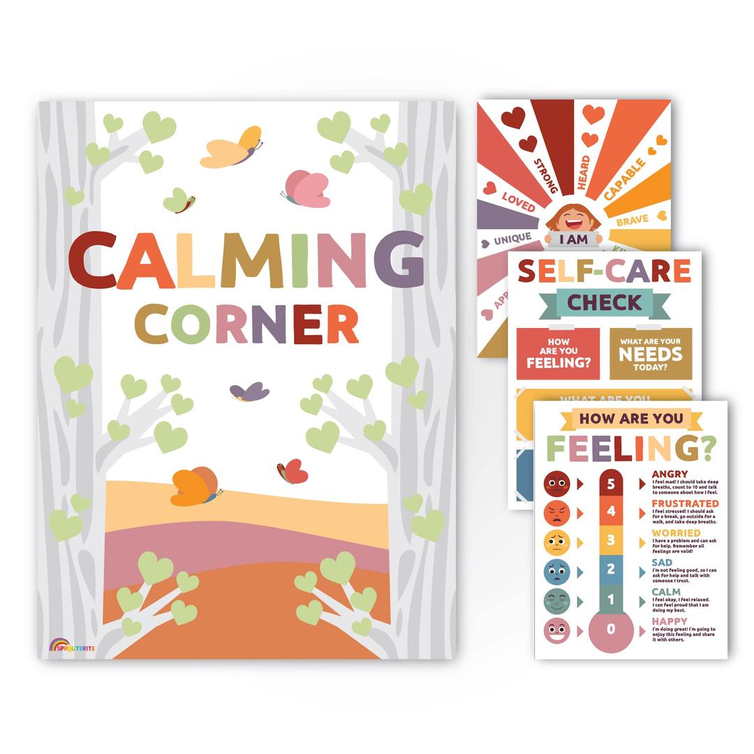 Sproutbrite Calming Corner -12 pack - Classroom Decor Educational Posters for Elementary, Middle School, and High School Classrooms (Neutral)