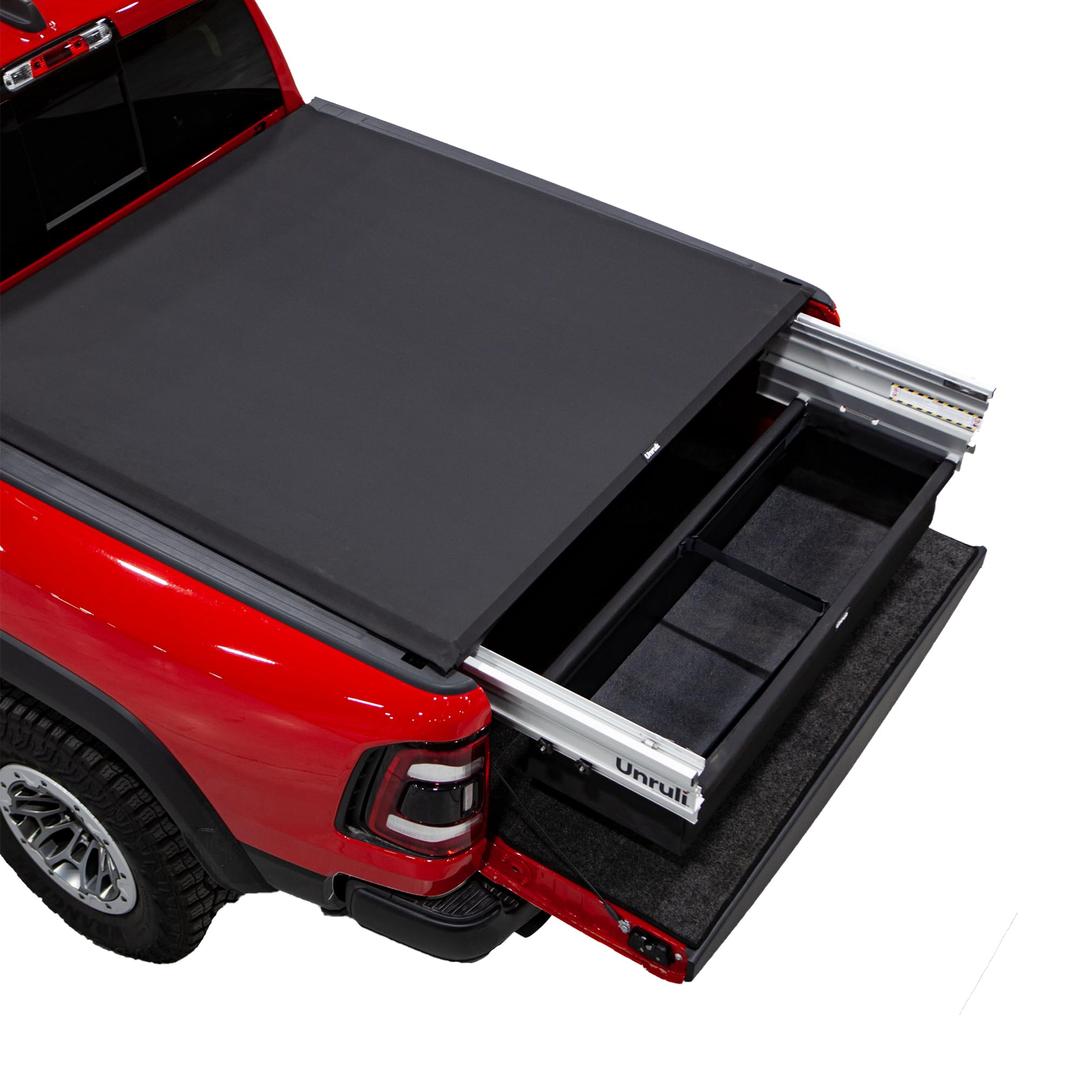 LIBERATOR Tonneau Cover with Removable Sliding Cargo Box - Ford F150- Years 2015-2022 - 5’7’’ Truck Bed - Pickup Truck Bed Storage Box Secures Small Cargo Under Truck Bed Cover