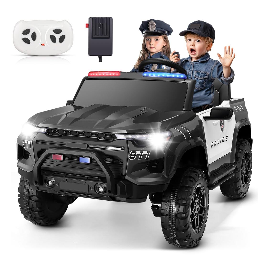 Hikole 24V Ride on Police Car for Kids 4-8, 20" Real 2 Seater Ride on Cop Car with Remote Control, 4x200W Powerful Wheels, Music, Alarm Lights, Megaphone, 5mph Max Speed, 4WD/2WD Ride on Toys, Black