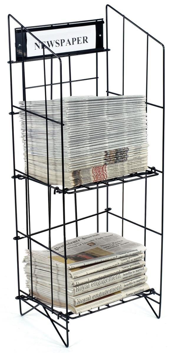 Newspaper Rack, Includes a 14” x 4.5" Sign Frame, Black Coated Steel Wire, Floor Standing