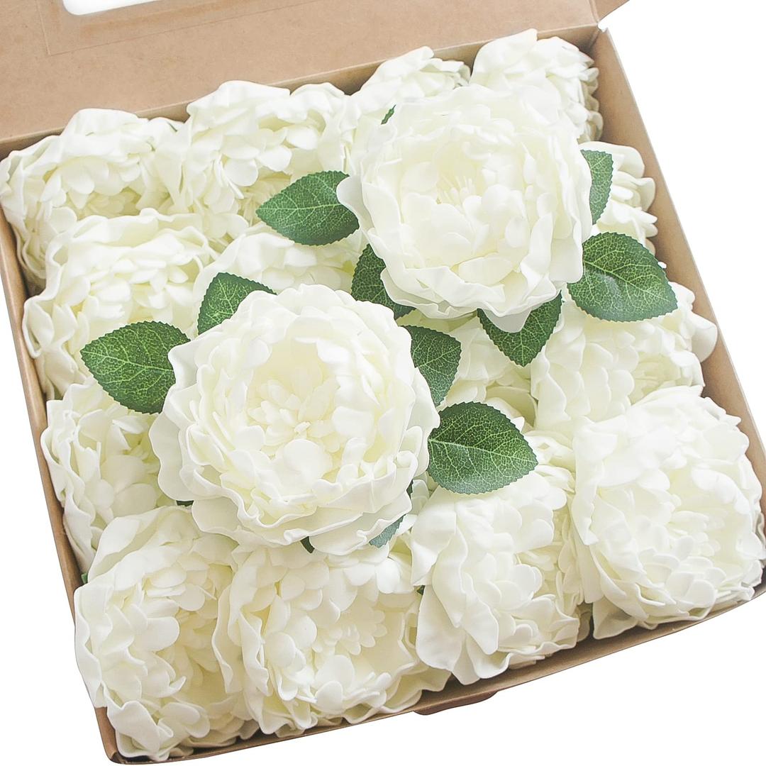 Floroom Artificial Flowers 16pcs 4" Ivory Blooming Peonies Real Looking Foam Fake Roses with Stems for DIY Wedding Bouquet Bridal Shower Centerpieces Floral Arrangements Party Tables Home Decorations