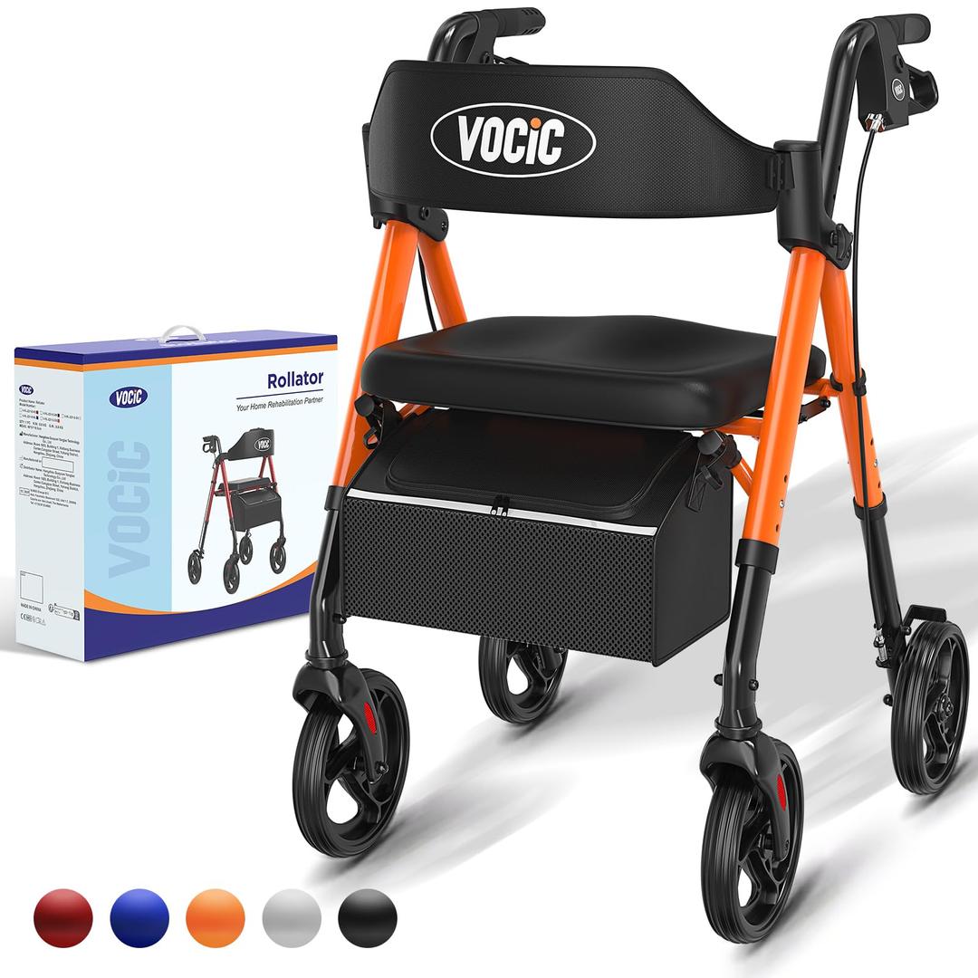 Walkers for Seniors,Foldable Walker with Seat,Rollator Walker with Durable Aluminum,8" Big Wheels for All Terrain, Ergonomic Seat and Backrest,Dual Adjustable Height Rolling Walker| VOCIC Orange