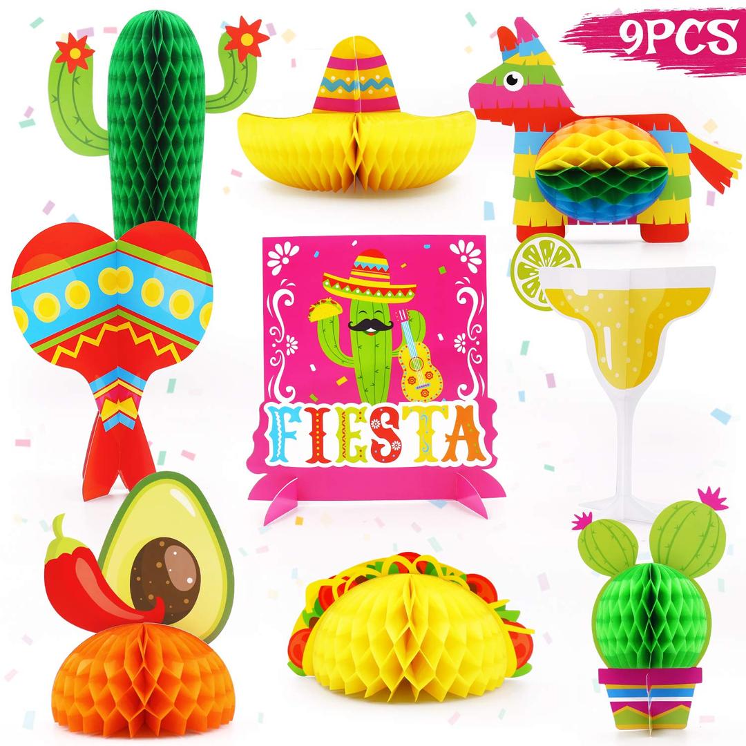 Mexican Honeycomb Table Centerpieces Cinco De Mayo Table Decorations Fiesta Paper Fans Taco Birthday Baby Shower Bachelorette Party Photo Props Let's Fiesta Party Supplies Set Of 9