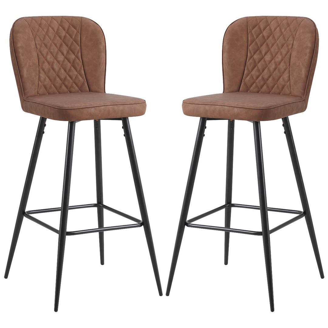 Set of 2 Bar Stools Brown Kitchen Counter Island Bar Chairs, Soft Leatherette Seat, Solid Metal Frame 0353BY-2