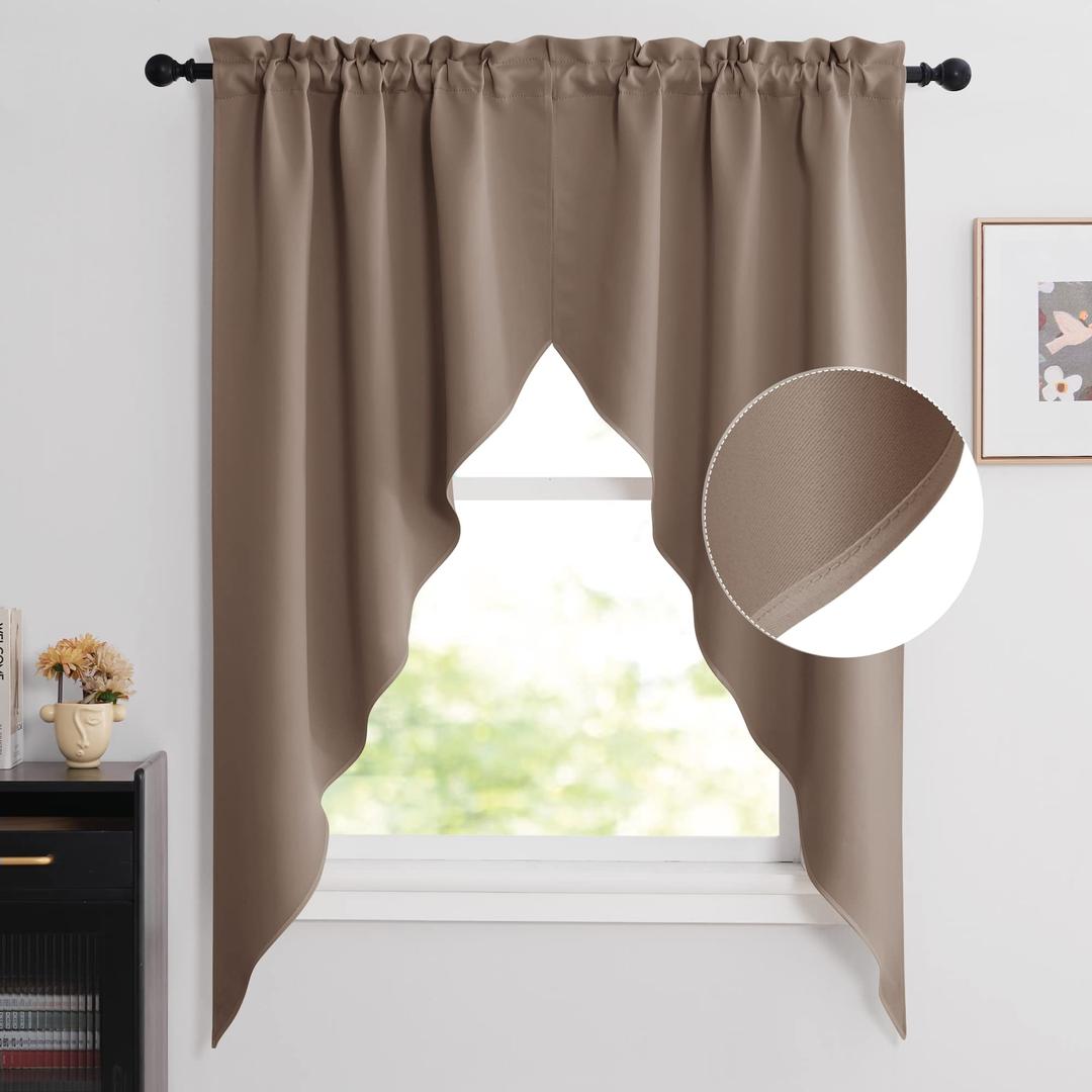 NICETOWN Blackout Pole Pocket Kitchen Tier Curtains - Tailored Scalloped Valances/Swags for Living Room/Thanksgiving (Cappuccino, 2 Panels, 36" W X 63" L Each Panel)