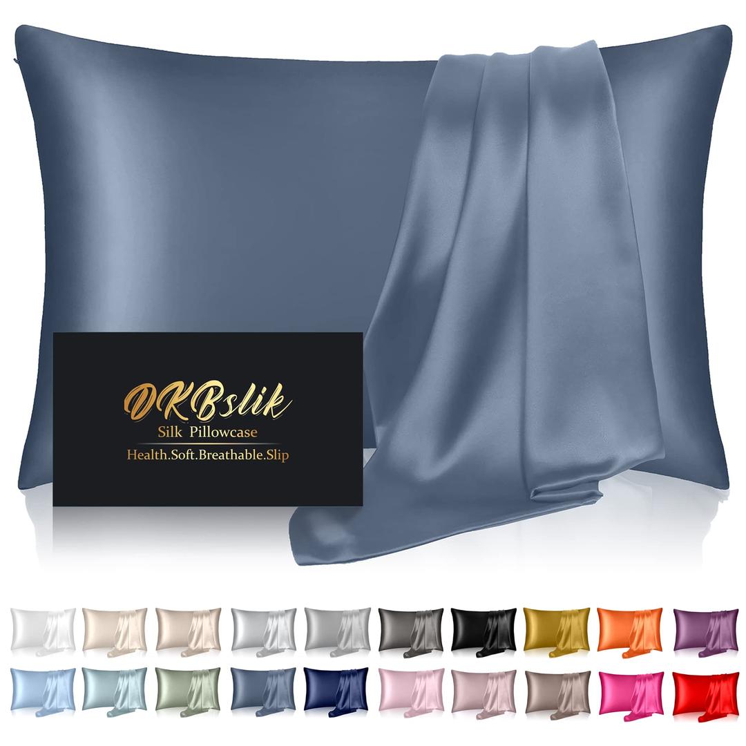 Silk Pillowcase for Hair and Skin, Mulberry Silk Pillow Cases Standard Size, Anti Acne Cooling Sleep Both Sides Natural Silk Satin Pillow Covers with Hidden Zipper, Gifts for Women Men, Ash Blue