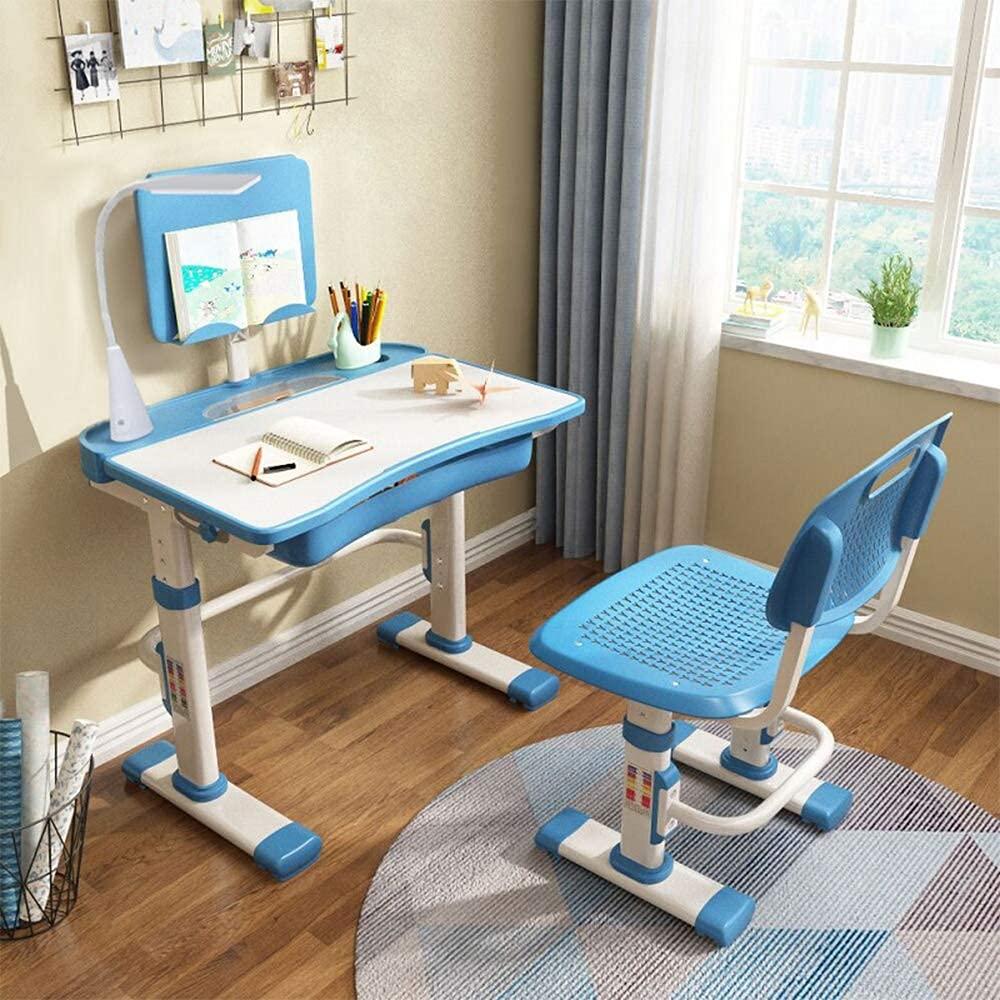 Kids Desk and Chair Set, Height Adjustable Children School Study Desk with Tilt Desktop, Bookstand, LED Lamp, Metal Hook and Storage Drawer for Boys Girls, (Blue)