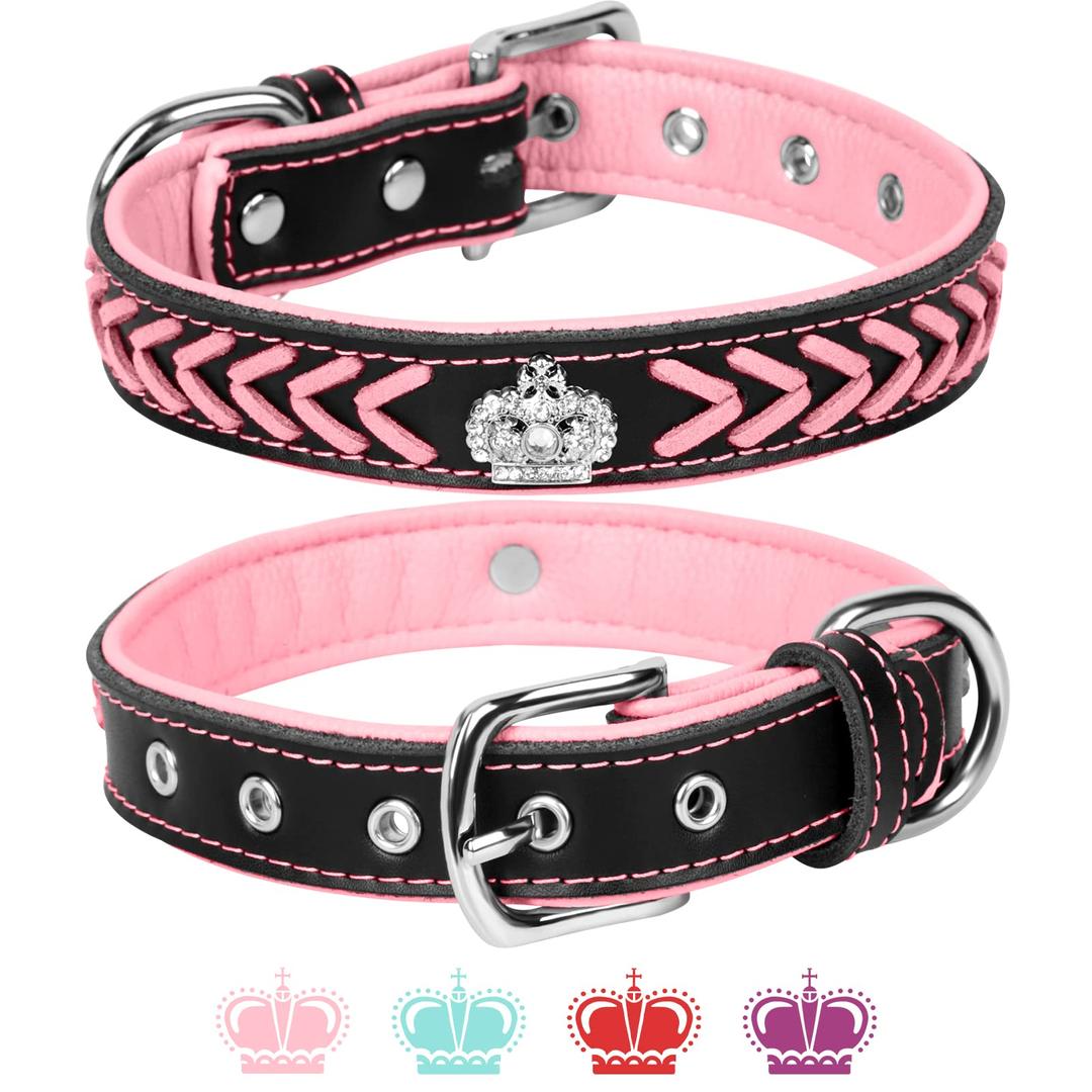 Leather Dog Collar for Girl Female Dogs, WANYANG Braided Leather Dog Collars Adjustable Soft Touch Padded Collars for Small Medium Large Boy Cats Puppy Dogs Pet, Pink and Black