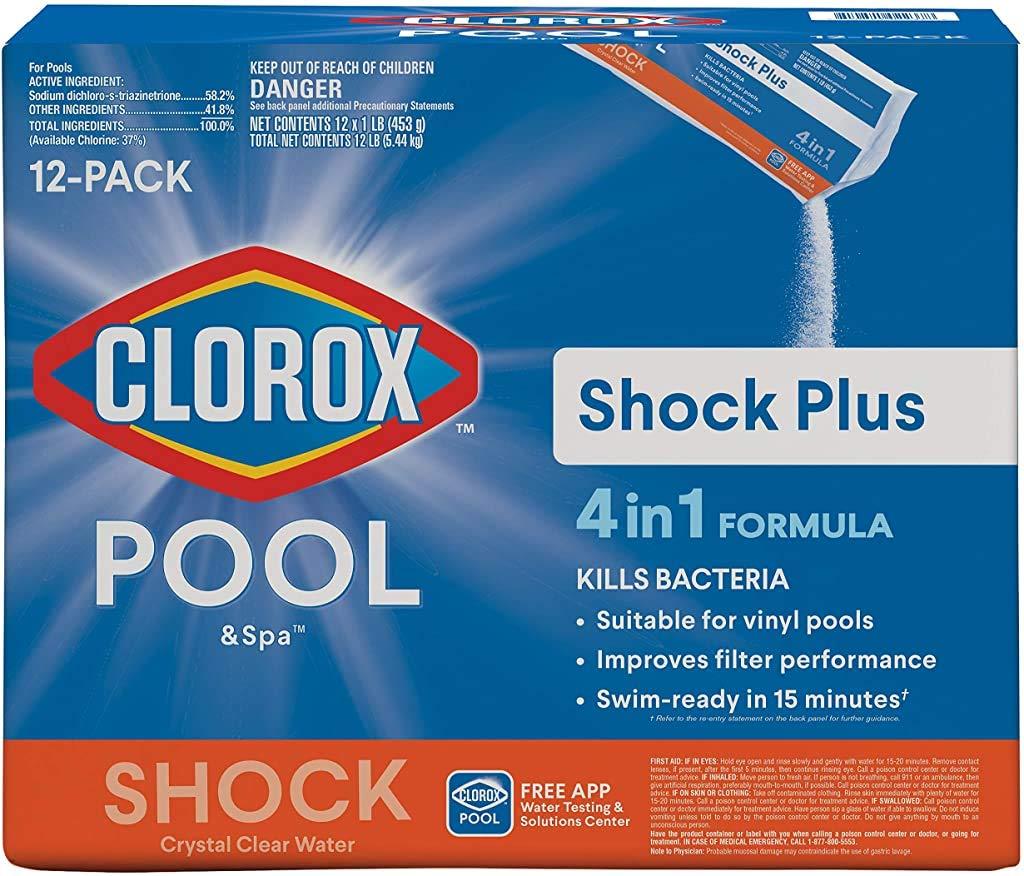 Clorox® Pool&Spa™ Shock Plus, for Crystal Clear Swimming Pool Water, Swim-ready in 15 minutes, Suitable for vinyl pools 12 Count (Pack of 1)