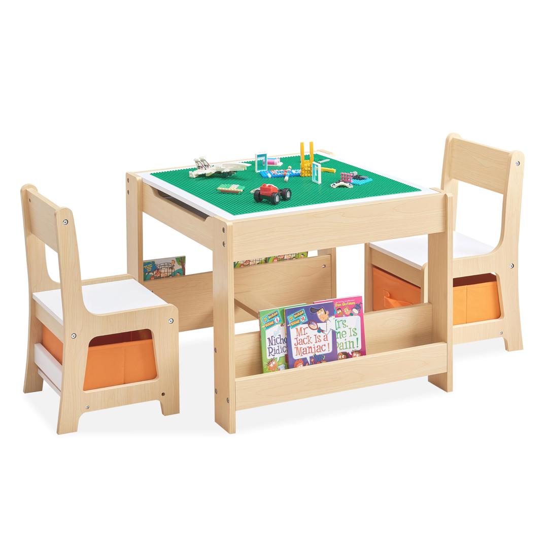 Kids Table and Chair Set, 3 in 1 Wooden Activity Table with Bookshelves and Storage Drawer, 2 in 1 Detachable Tabletop Construction Play Table Set for Drawing, Reading, Build Blocks