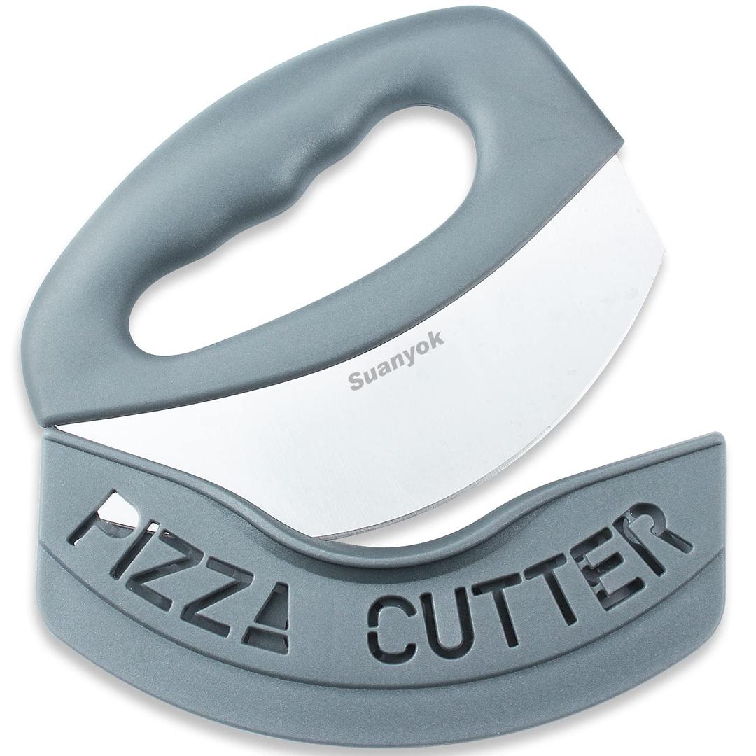 Premium Pizza Cutter Food Chopper-Super Sharp Blade Stainless Steel Pizza Cutter Rocker Slicer with Protective Sheath Multi Function Pizza Knife Kitchen Tools,Dishwasher Safe (Gray)