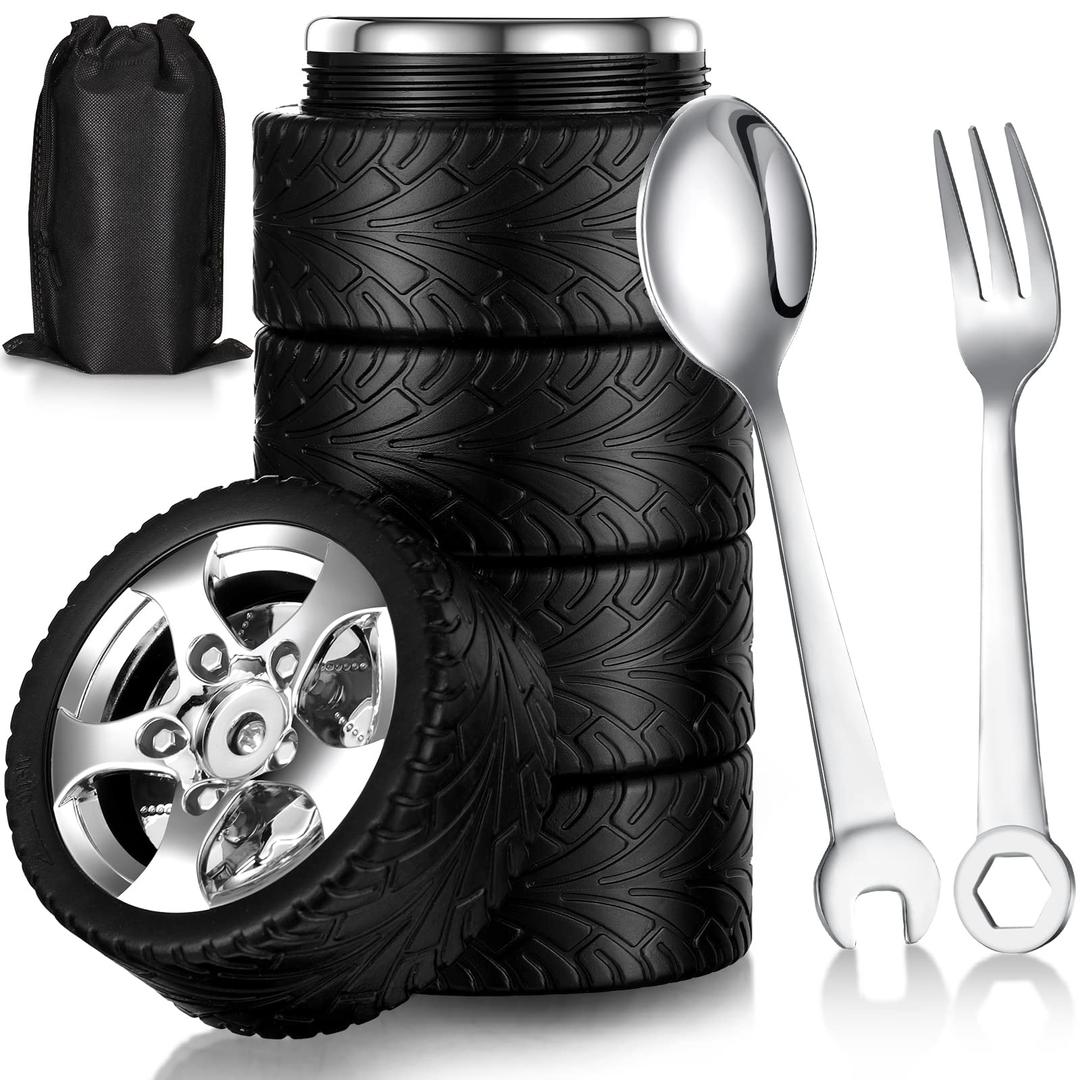 Yungyan 3 Pieces Tyre Water Bottle Gift for Man Stainless Steel Coffee Tea Mug with Tool Fork and Spoon for Halloween Thanksgiving Christmas Valentine's Day Car Lover Father Birthday Gift