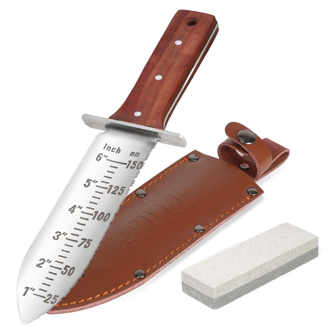 ToplineFull Tang Hori Hori Garden Knife, Hori Hori Knife with Sharpening Stone, Double-edge Stainless Steel Blade, Heavy Duty Leather Sheath Included, Multifunctional Garden Tools for Digging, Weeding, Planting