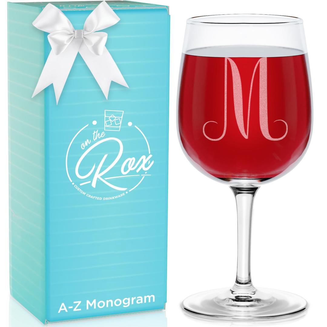 Monogrammed A-Z Wine Gifts for Women - 12.75 oz Engraved Personalized Wine Glass- Funny Wine Lover Monogram Gifts for Women - Unique Wine Glasses Gift Set (M)