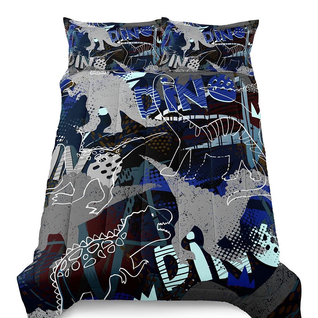 Kids Dino Bedding 3 Piece Boys Full/Queen Size Comforter Set with Pillow Shams and Camouflage Dinosaur Quilt Set, Grey