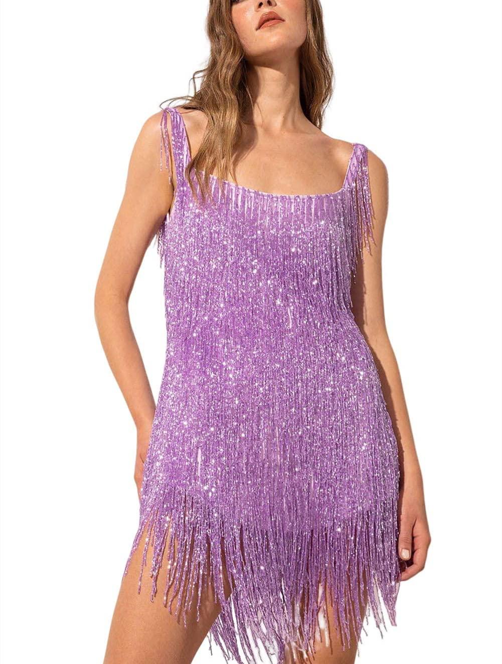 FaretumiyaWomen Tassel Fringe Sling Cami Dress Sleevelss Sparkly Club Night Out Dancewear Fashion Flapper Bodycon Mini Dress