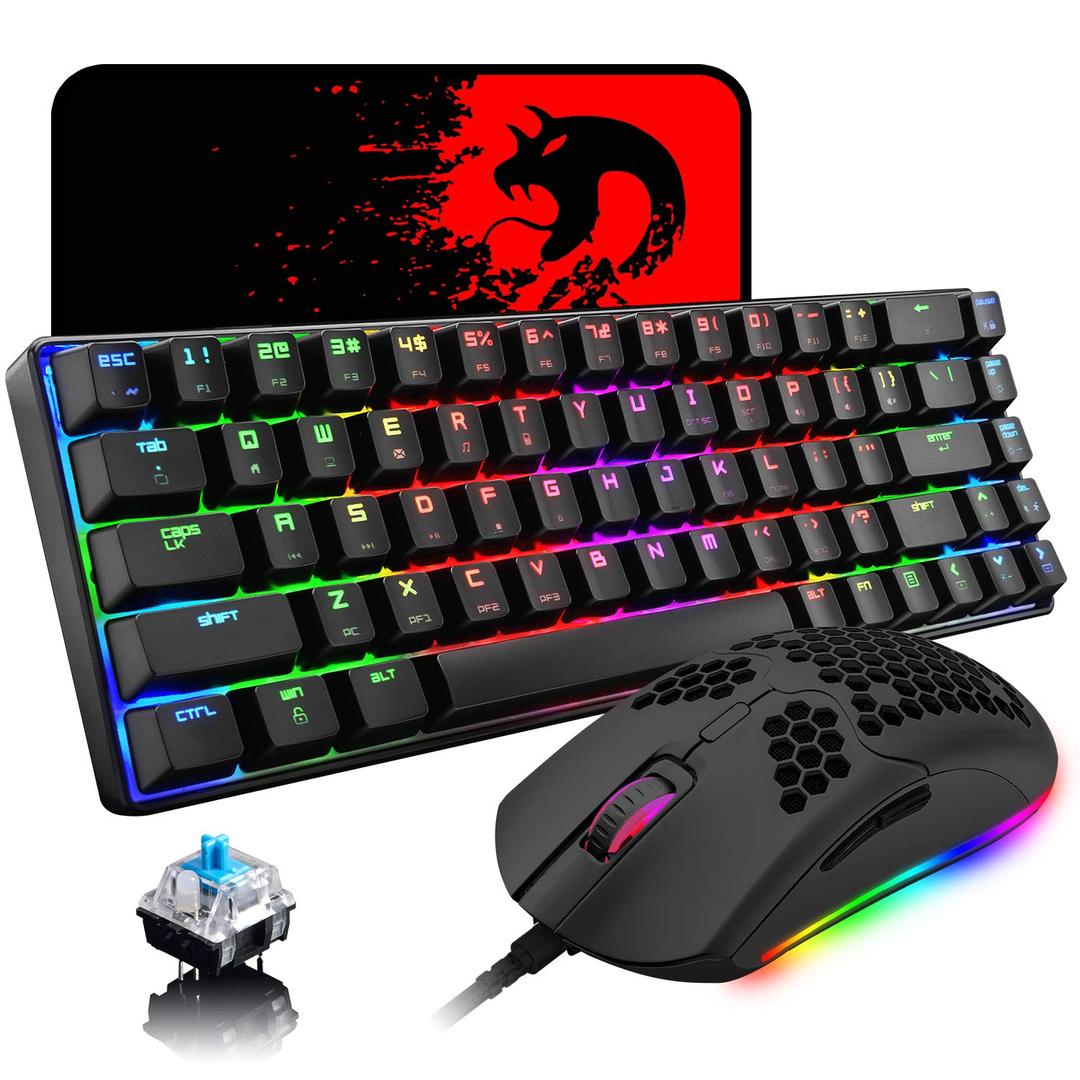 60% Mechanical Gaming Keyboard Blue Switch Mini 68 Keys Wired Type C 18 Backlit EffectsLightweight RGB 6400DPI Honeycomb Optical MouseGaming Mouse pad for Gamers and Typists (Black)