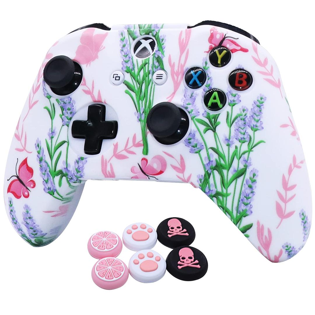 RALAN Pink Controller Skins for Xbox One, Silicone Controller Cover Skin Protector Compatible for Xbox Ones Controller (Pink Pro Thumb Grip x 2,Cat + Skull Cap &Cover Grip x 2) Blue Butterfly Pink