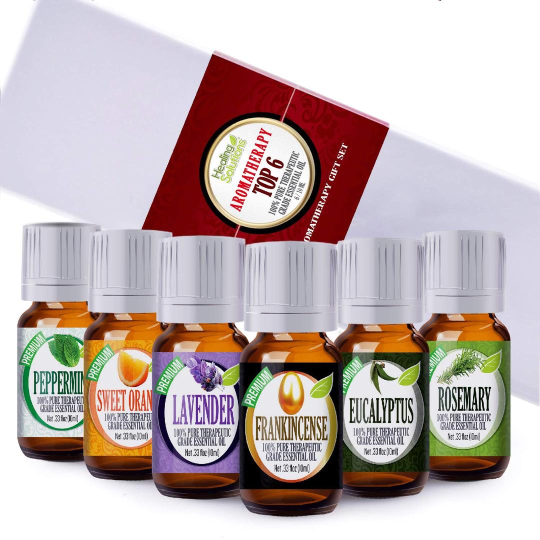 Healing SolutionsBasic Sampler Essential Oils Set (6x10ml) Pure Variety Pack for Beginners, Diffusers with Peppermint Oil, Lavender Oil, Eucalyptus Oil - Diffuser Essential Oil Set