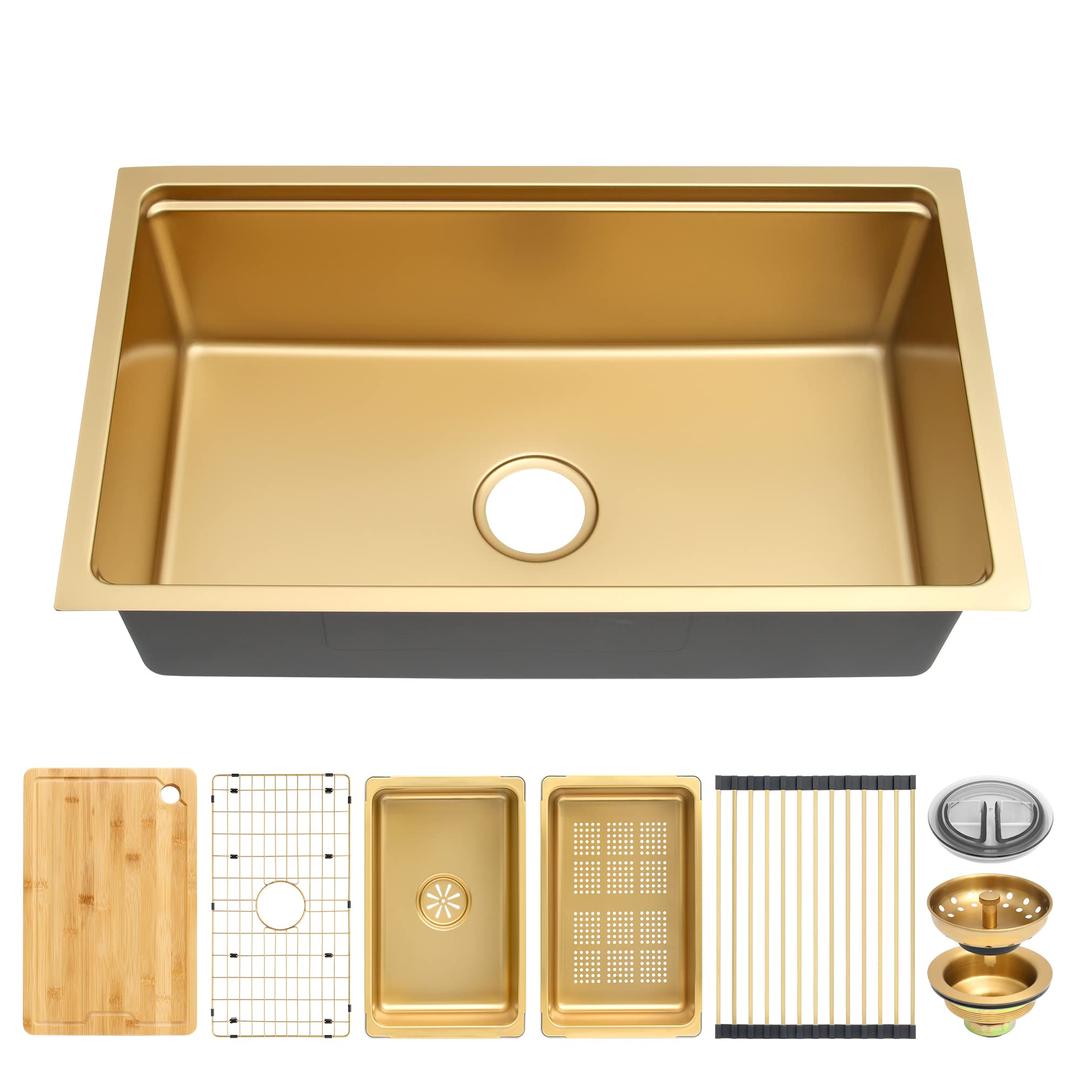 MILOSEN Stainless Steel Workstation Sink, Gold Undermount Kitchen Sink, Single Bowl Kitchen Sinks, 30×18×9 inch