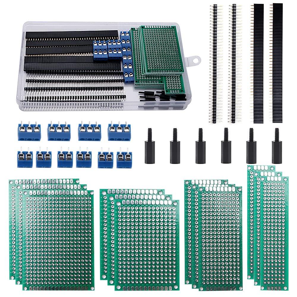 VooGenzek 46 PCS PCB Board Kits, Include 12 PCS Double Sided PCB Board Prototype Circuit Board, 12 PCS Male/Female Header Connector, 10 PCS 2/3Pin Screw Terminal with 12 PCS Nylon Column