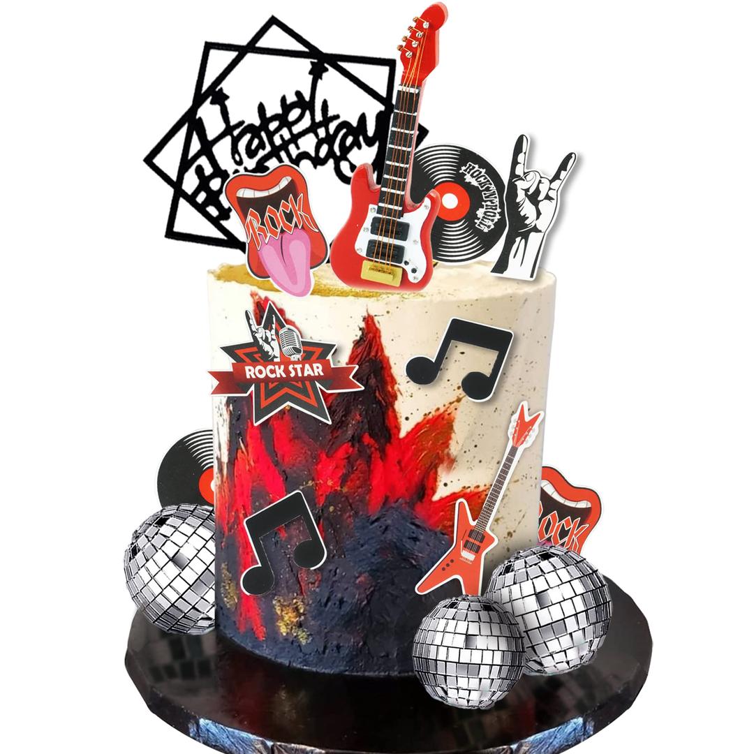 BANBALLON Guitar Cake Toppers Music Theme Birthday Cake Toppers Electric Guitar Model Rock And RollCake Decorations For Rockstar Theme Party Guitar Party Bass Party Supplies (Red)