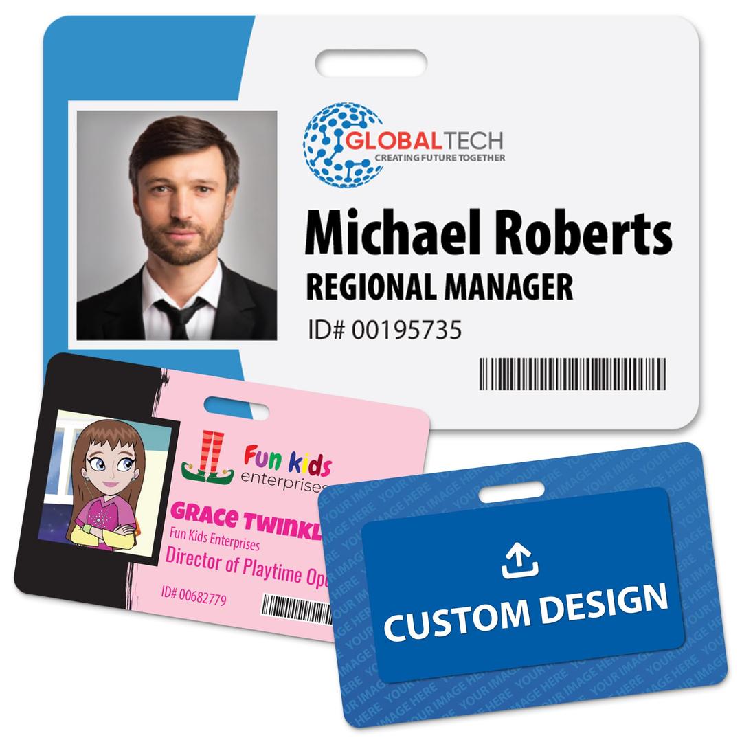 Custom Print Employee ID Badge, Double Sided with Name, Photo, Logo, and Barcode – Unique Photo ID Card Solution (ID Horizontal)