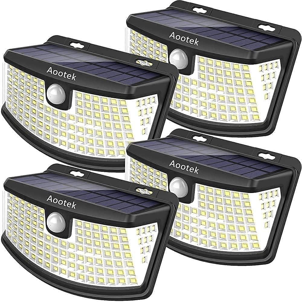 Aootek New Solar Motion Sensor Lights 120 LEDs with Lights Reflector,270° Wide Angle, IP65 Waterproof, Step Lights for Front Door, Yard, Garage, Deck (4 Pack)