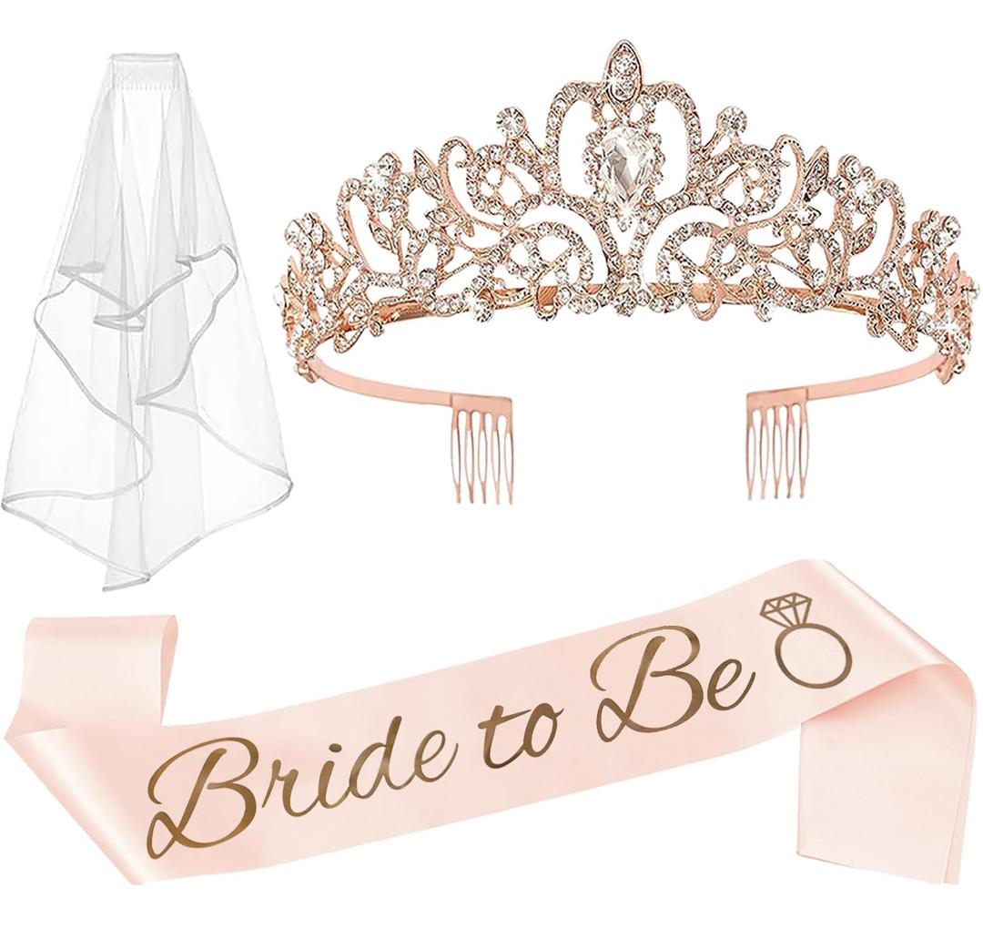 JETKONG 3 Pcs Bachelorette Party Decorations Bridal Shower Crown, Bride to Be Sash&Veil for Women Bachelorette Party Gifts, Bachelorette Party Supplies, Gifts, Favors (Rose Gold)