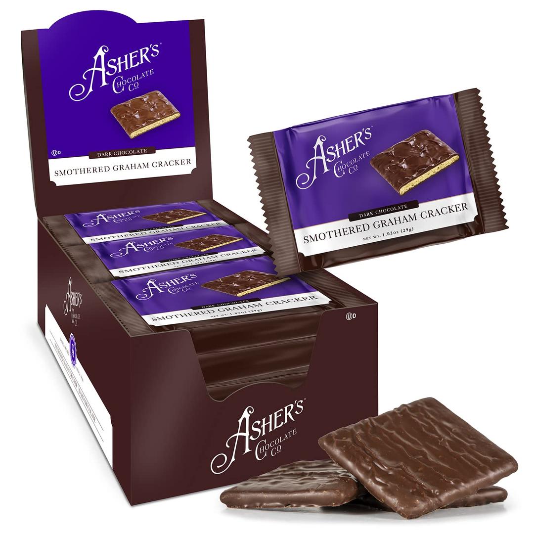 Asher's Chocolates, Chocolate Covered Grahams, Gourmet Sweet and Salty Candy, Individually Wrapped Snack, Family Owned Since 1892 (Dark Chocolate, 18 Count)