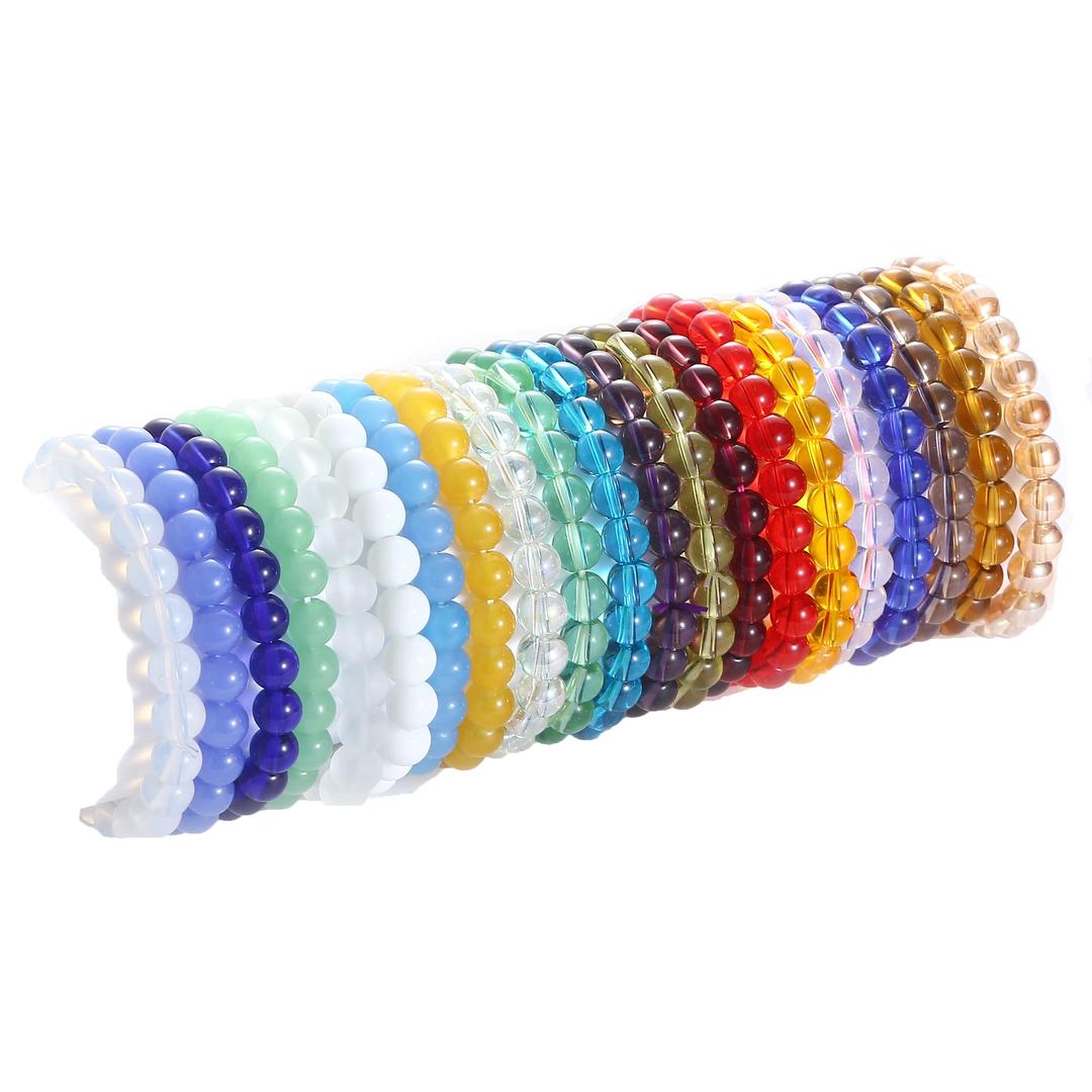 21Pcs 8mm Beaded Stretch Bracelet Handmade Glass Bracelet for Women Men Colorful Crystal Beads Bracelet Elastic Round Bead Bracelets Jewelry