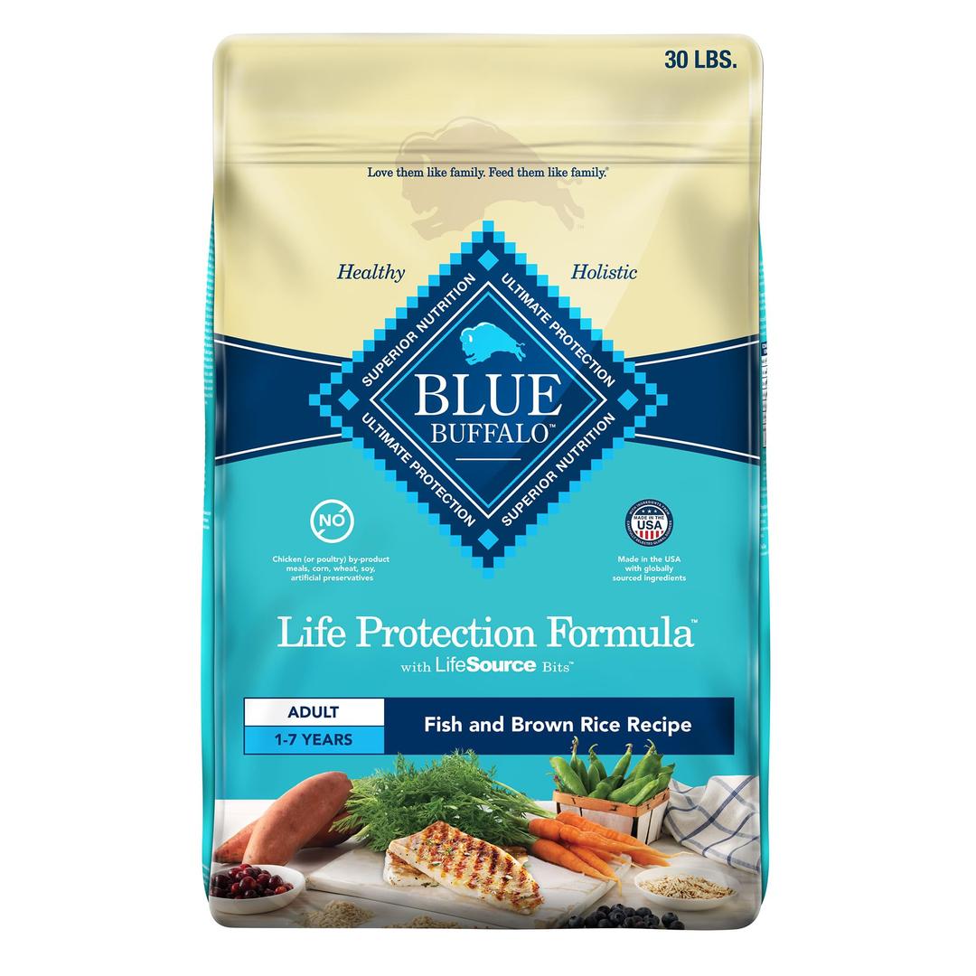 Blue BuffaloLife Protection Formula Adult Dry Dog Food, Helps Build and Maintain Strong Muscles, Made with Natural Ingredients, Fish & Brown Rice Recipe, 30-lb. Bag