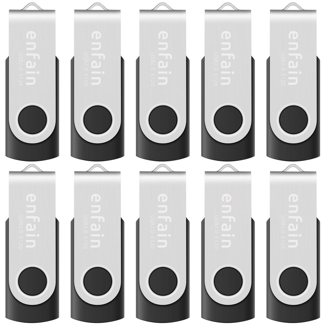 10-Pack Enfain 16GB USB 2.0 Swivel Flash Drives: Shareable Data Storage for Home & Office Use (Black)