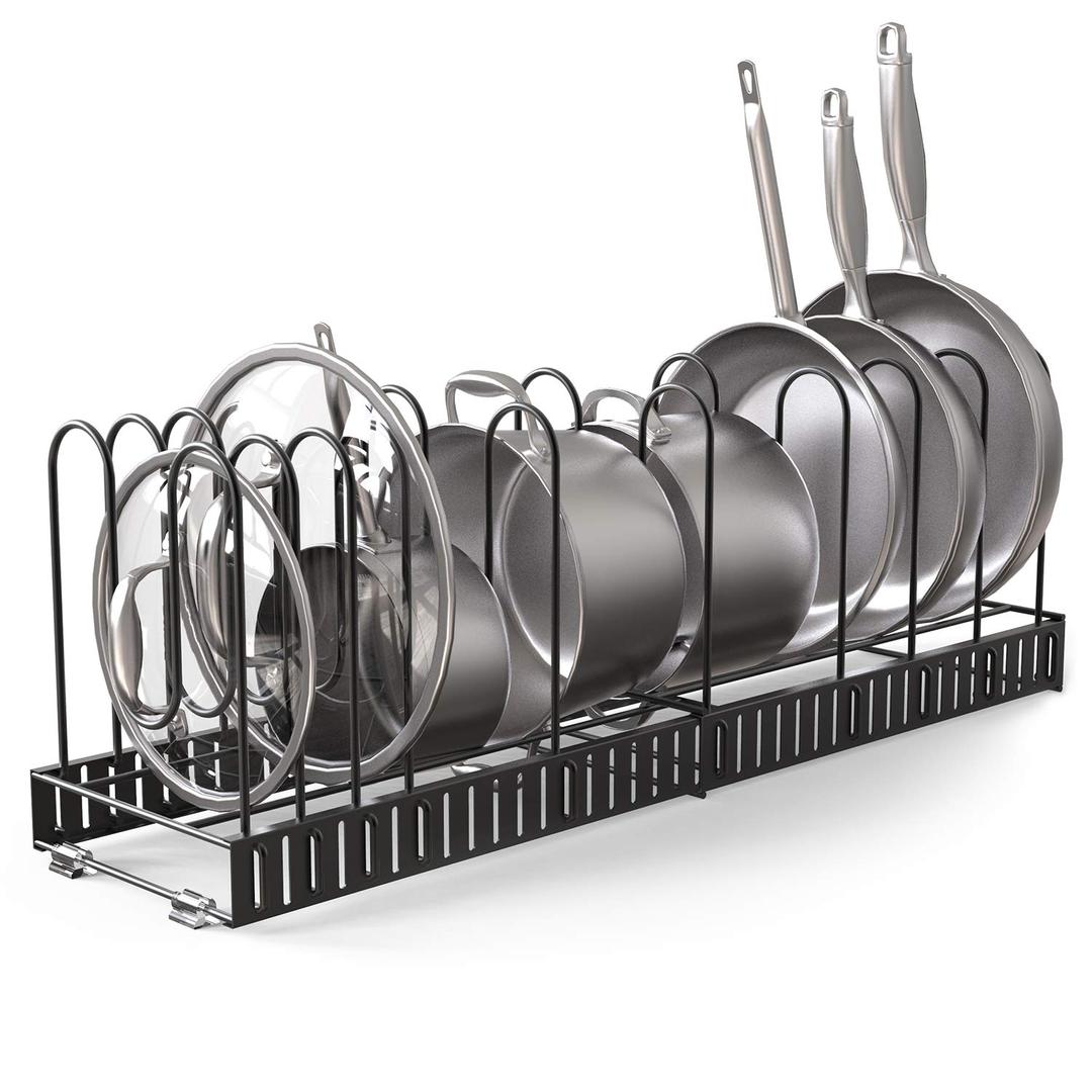 Vdomus Expandable Rack for Cabinets - Adjustable Black Pot Rack with 4 DIY Storage Positions - Holds up to 14 Pans, Pots, or Lids - Durable Iron Pot Stacker for Kitchen Organization - 8.5"x 31"x11.5"