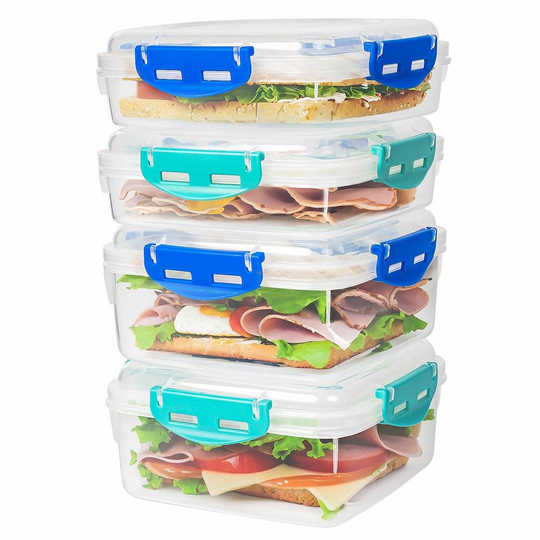 4 PCS Sandwich Containers - 100% Airtight & BPA-Free & Microwave & Dishwasher Safe Kitchen Storage Containers with Upgraded Snaps, 2 heightened Containers for Lunch Boxes and 2 normal version