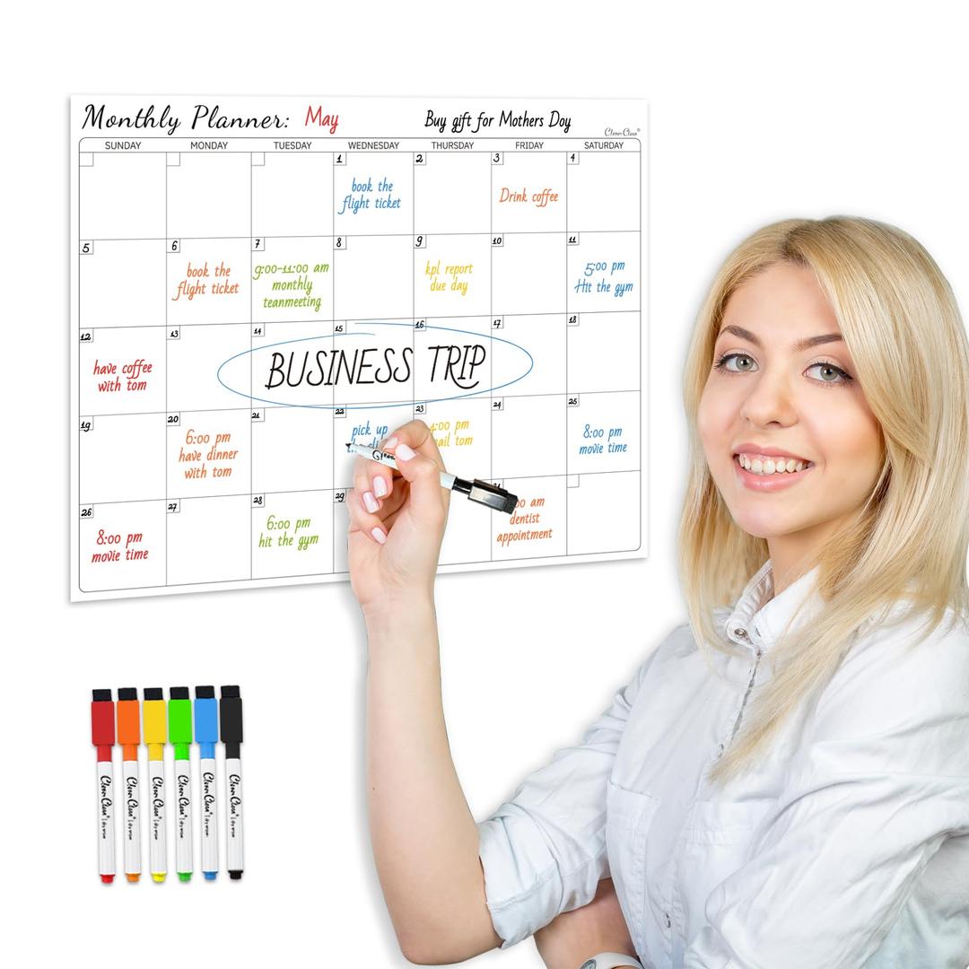 Clever Clean Non-Magnetic Dry Erase Calendar for Fridge, Reusable Calendar with 6 Dry Erase Markers, Whiteboard Calendar Sticks to Any Smooth Surface, Dry Erase Fridge Calendar.