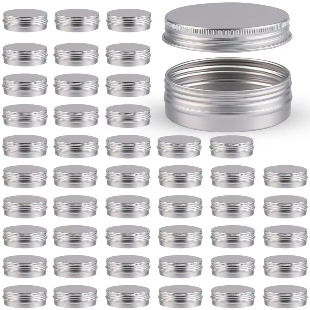 48 Pcs Aluminum Round Cans with Lid, 2 Oz Metal Tins Food Candle Containers with Screw Tops for Crafts, Food Storage, DIY (Silver)