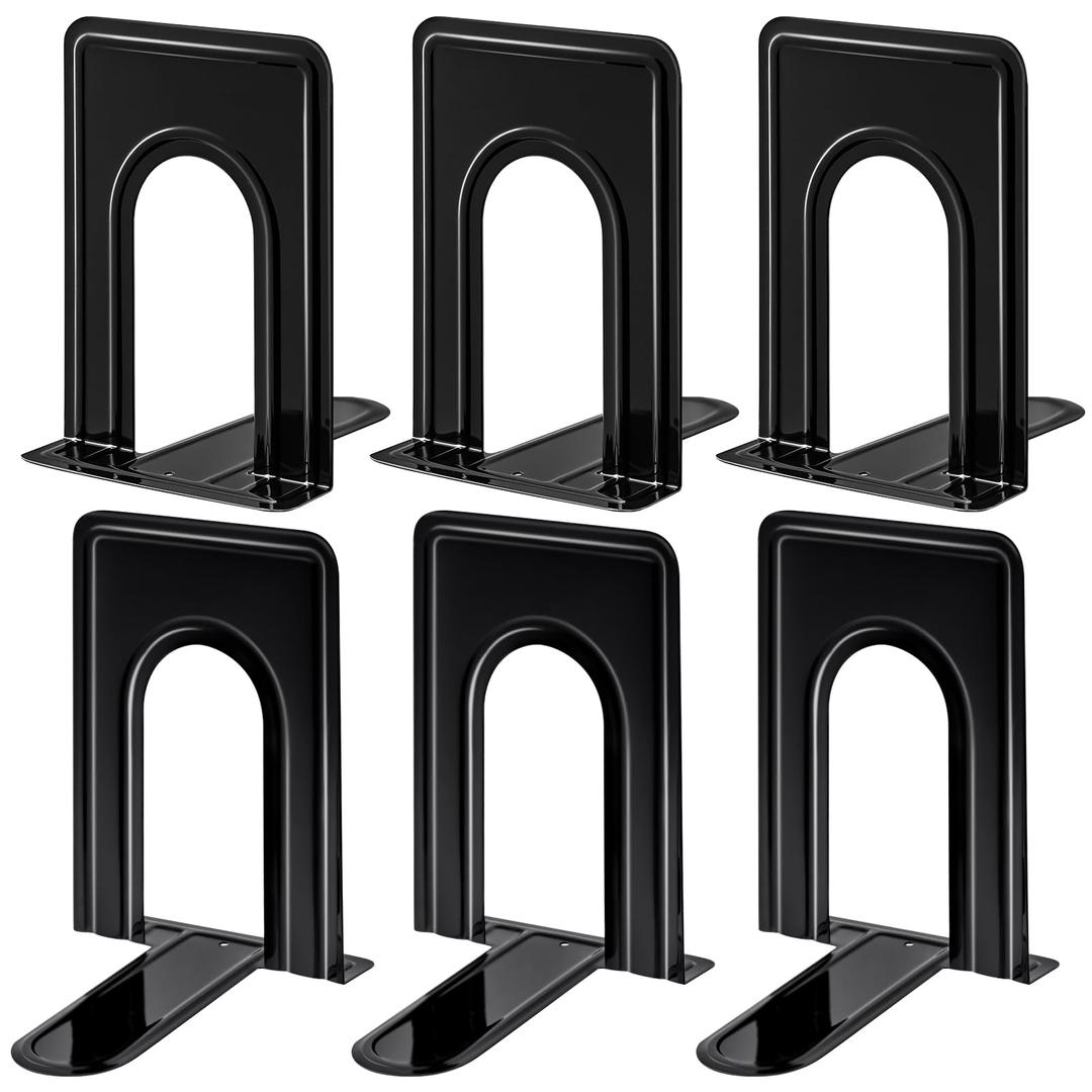 HappyHapi Book Ends, Bookends, Metal Bookend for Shelves, Non-Skid Book End to Hold Books, Black Book Stopper/Holder for Office Home Kitchen, 5.7X 4.9 X 6.5 in, 3 Pair(6 Pcs, Large)