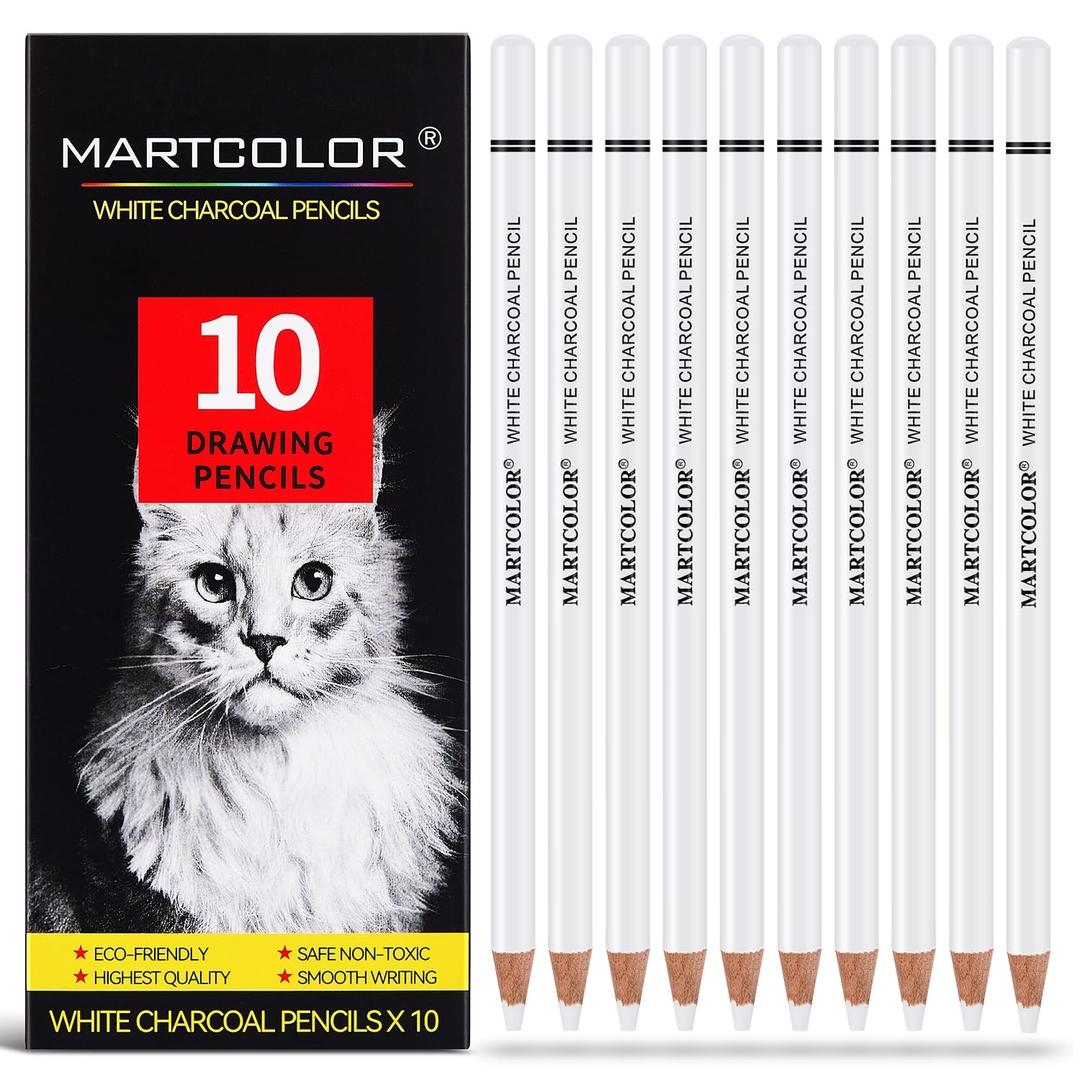 White Charcoal Pencils for Drawing, Professional 10 Pieces White Colored Pencils for Sketching, Shading, Blending, White Chalk Pencils for Beginners & Artists